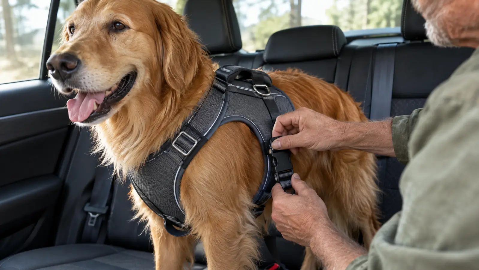A hand clipping the side buckle of a padded dog harness while the dog stands on the back seat of a car