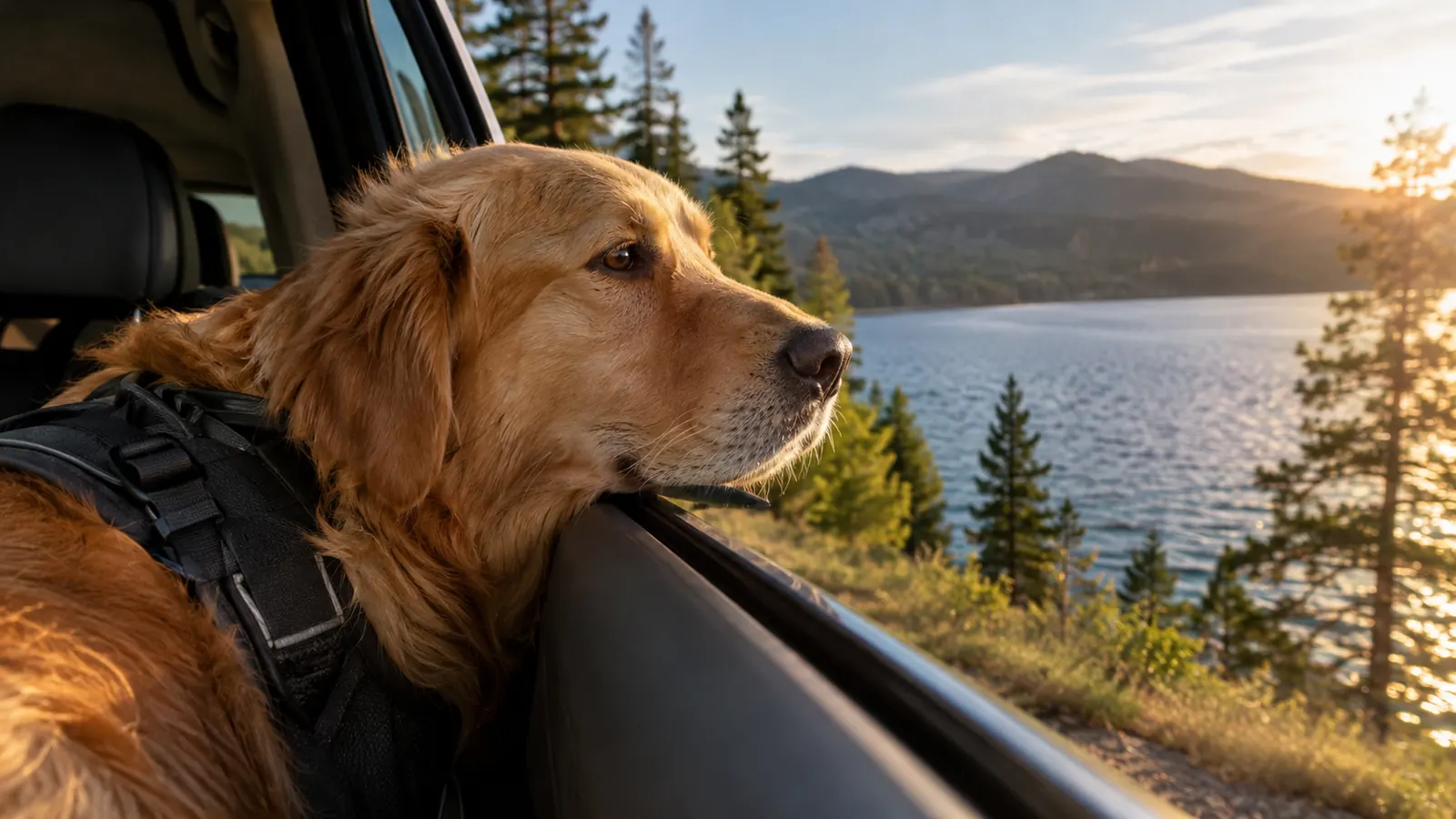 A dog resting its head on the edge of a car window, wearing a harness, with a lake and trees in the background