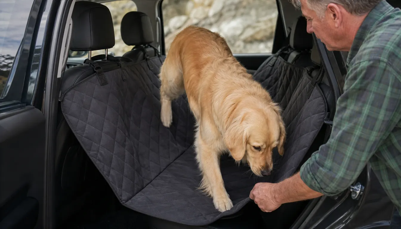 the dog stepping across a hammock-style seat cover toward the back of a car, side view