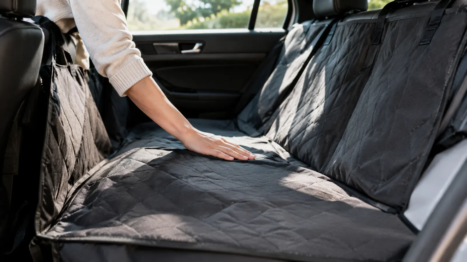 a hand smoothing a hammock-style seat cover flat across a car seat