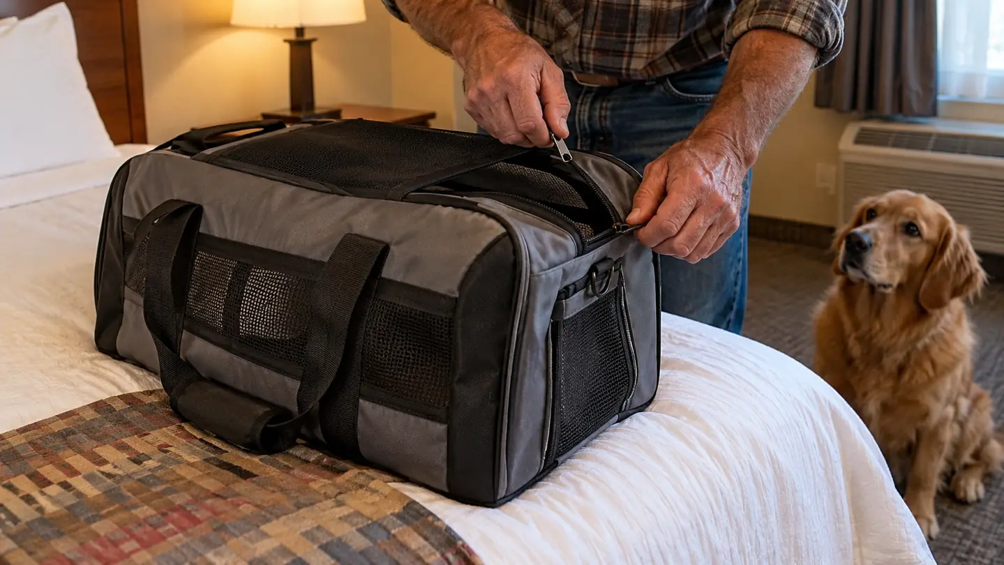 A hand unzipping a dog travel bag on a motel bed, with a dog watching from the floor