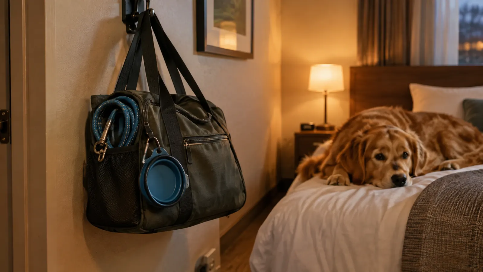 A dog travel bag hanging from a hook in a motel room, with a leash and a collapsible bowl tucked into the side pockets