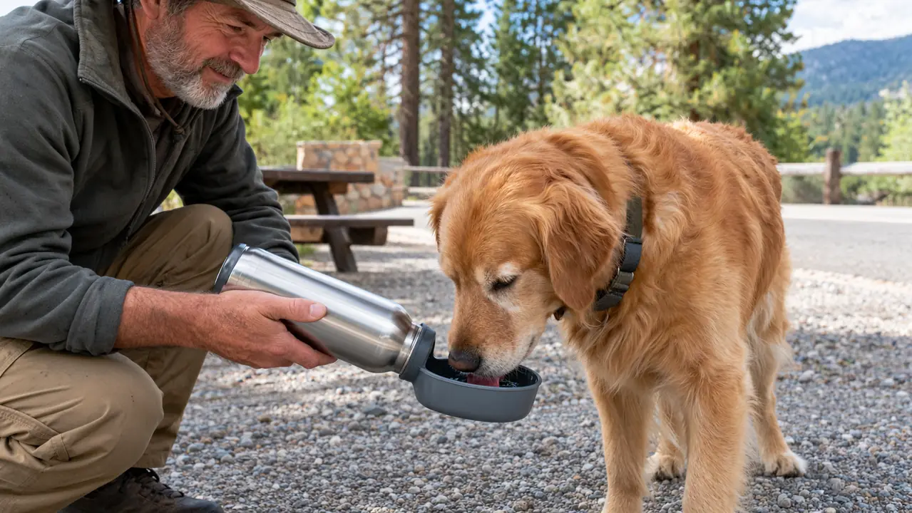 A hand tilting a stainless steel dog water bottle while a large dog drinks from the attached bowl at a roadside rest area