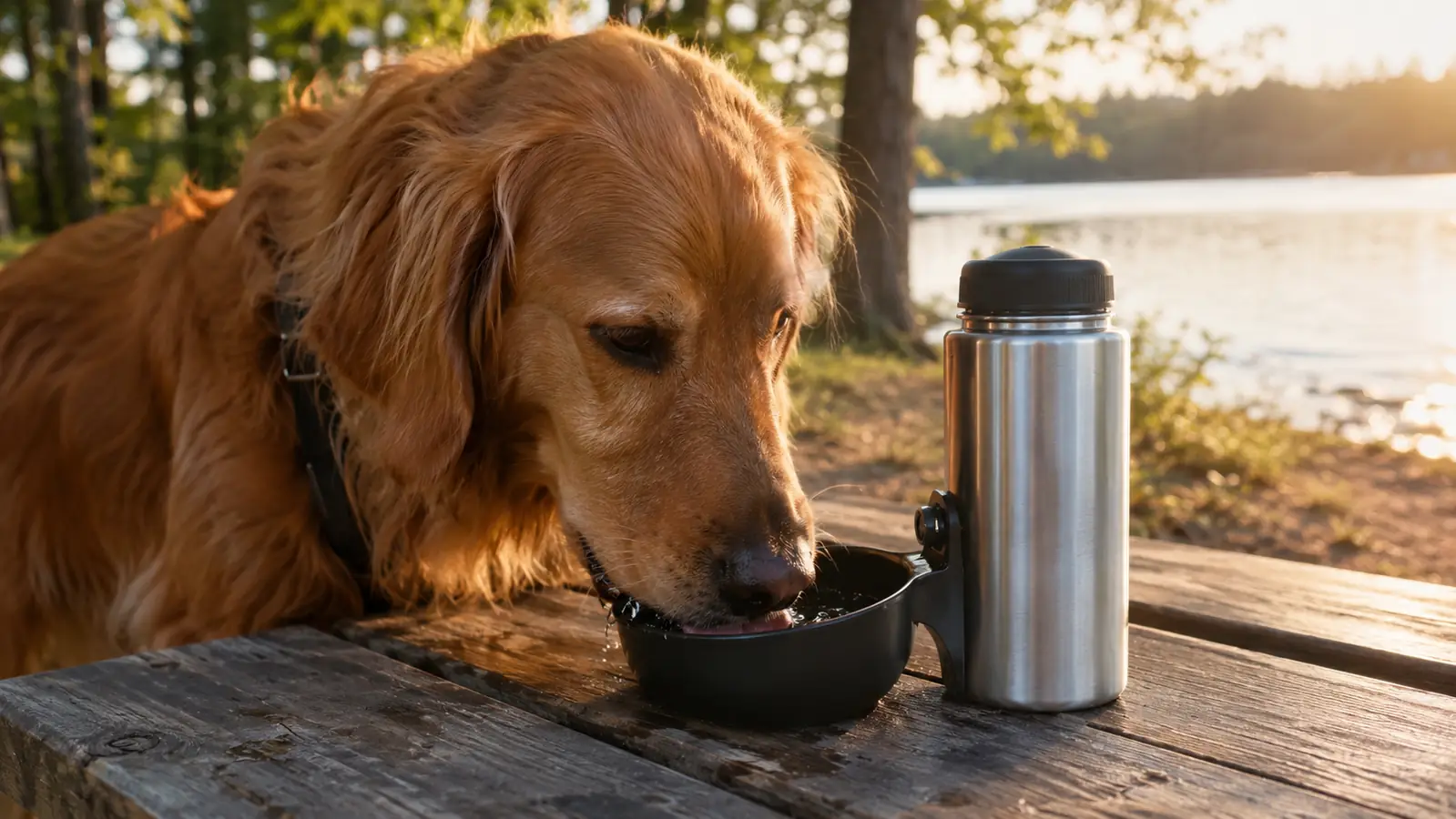 A dog drinking from the attached bowl of a stainless steel water bottle on a wooden picnic table beside a lake