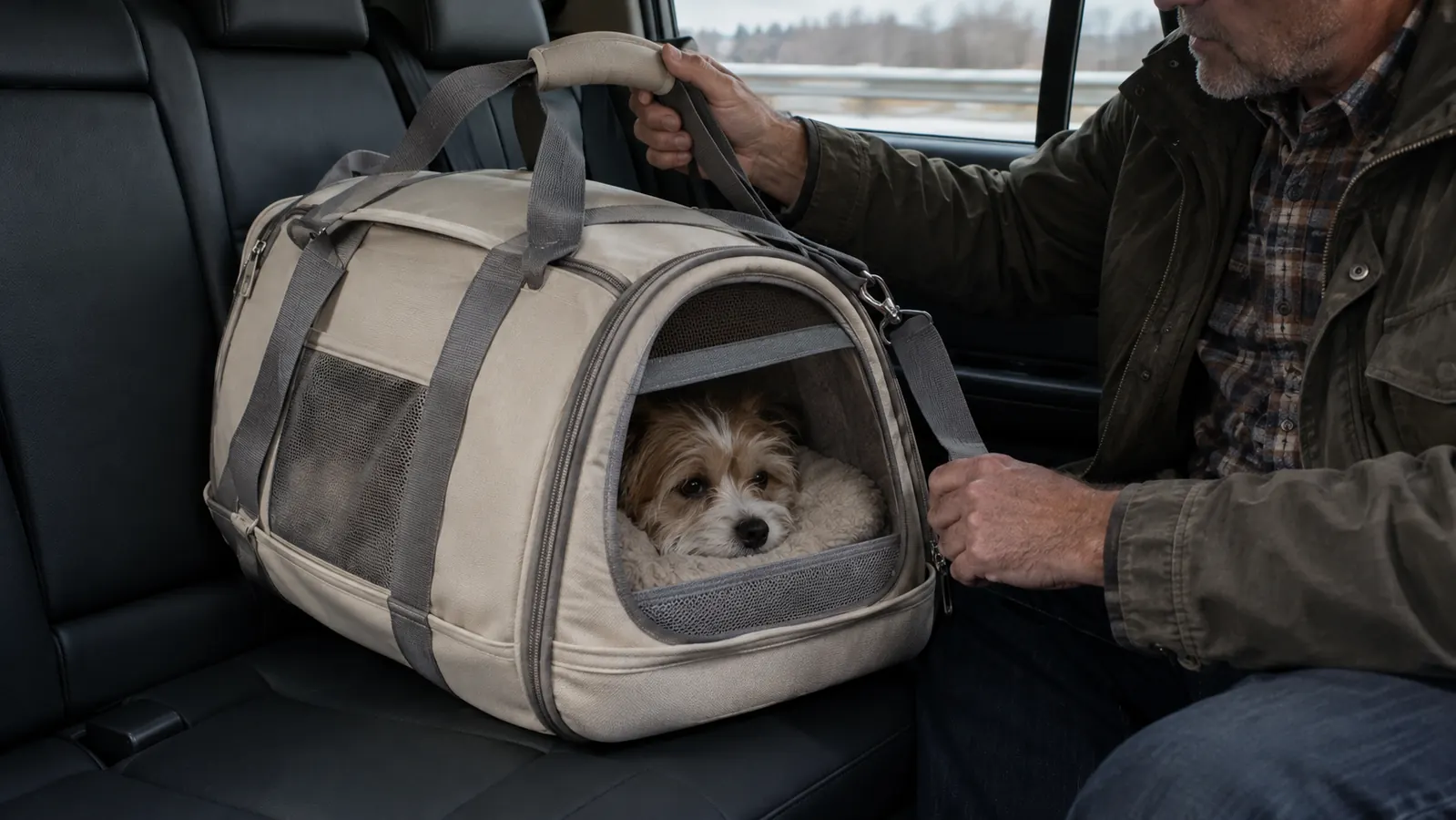 A small dog resting inside a soft pet carrier on a car back seat