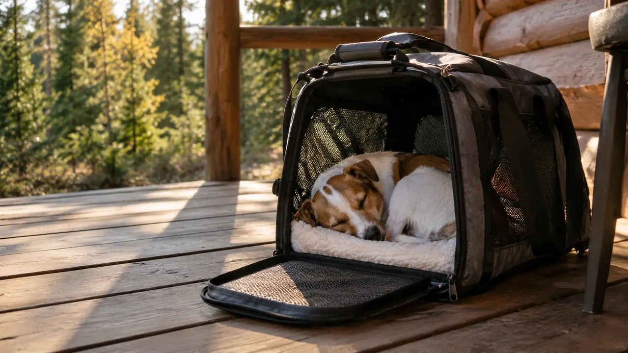 A small dog curled up asleep inside an open soft pet carrier on a cabin porch