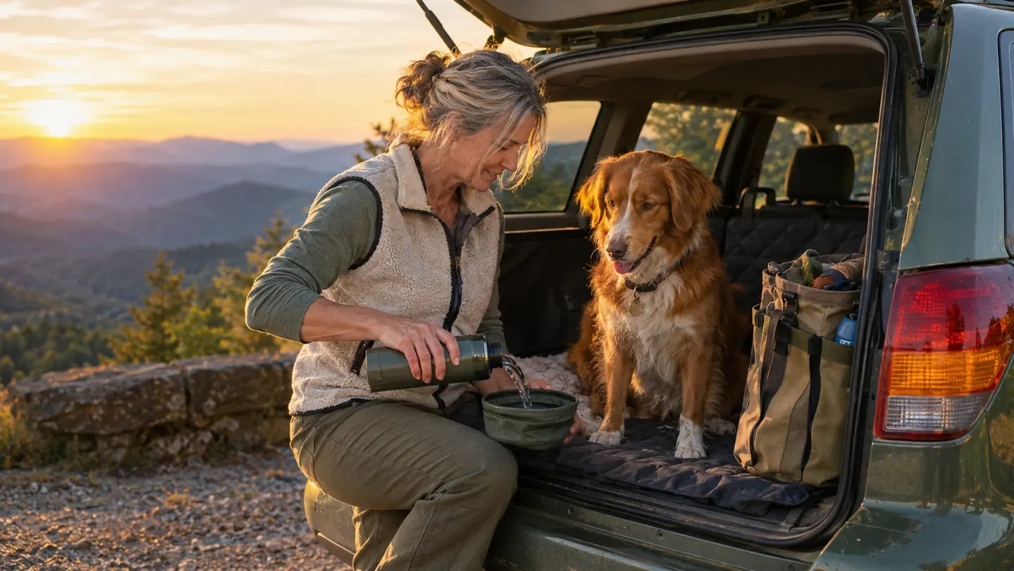 A woman pours water into a travel bowl for a dog resting on a seat cover in the back of a wagon at a mountain overlook