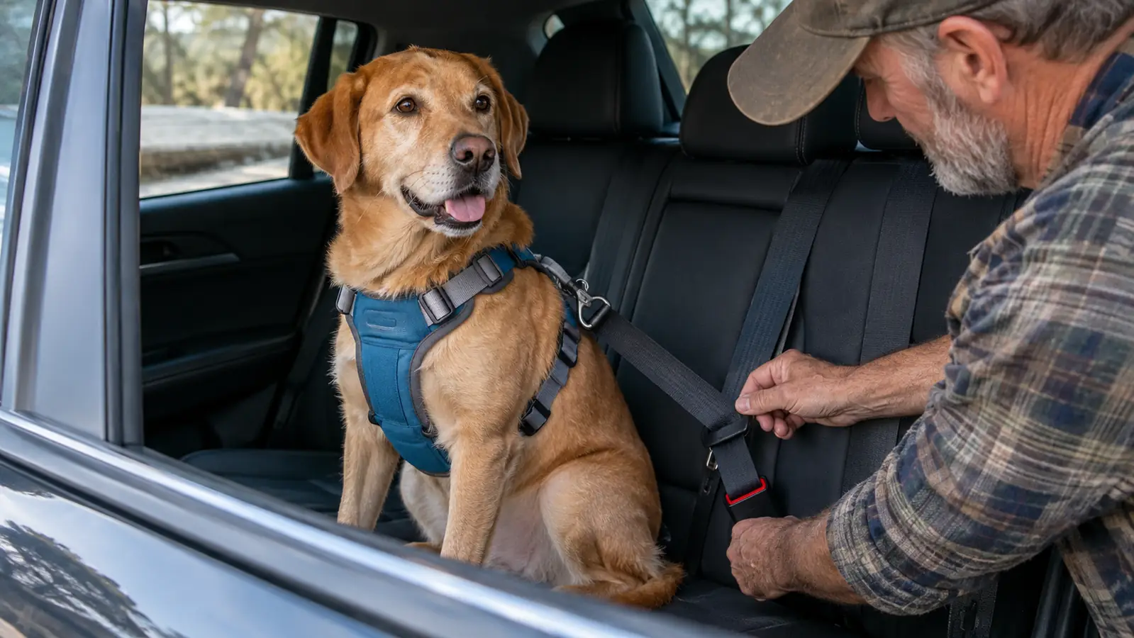 A dog sitting calmly in the back seat of a car while wearing a crash-tested harness connected to the seat belt