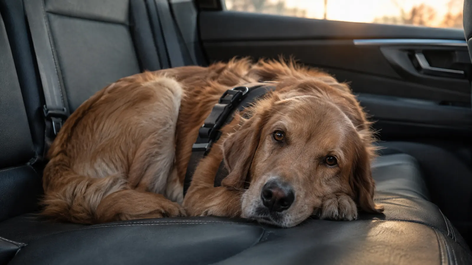 A dog lying on the back seat of a car with the harness still on but loose