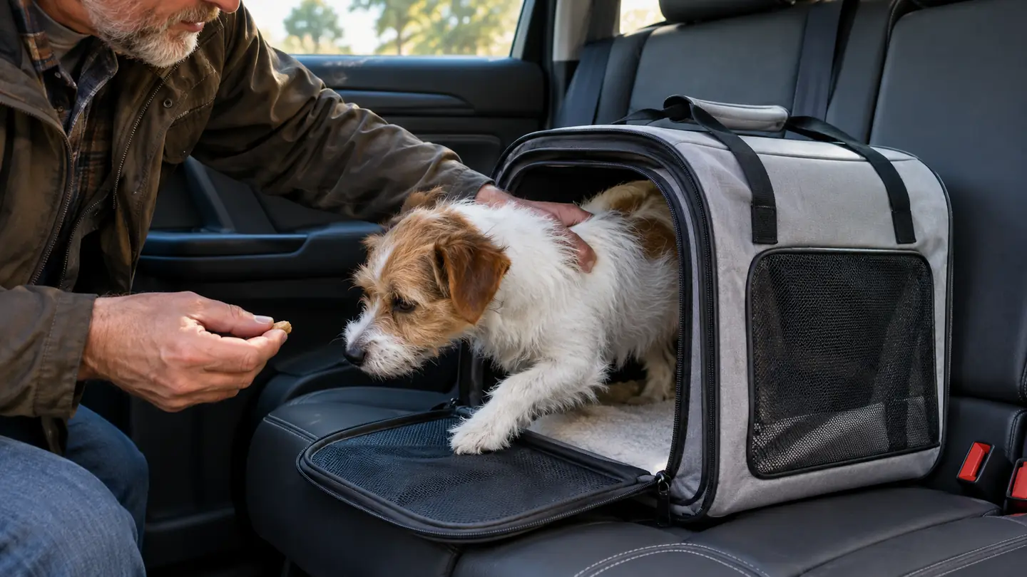 A hand guides a small dog into an open soft-sided carrier on the back seat of a car, a treat in the other hand