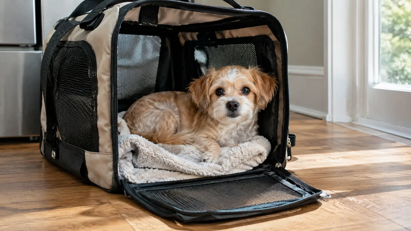 A small dog lies on a folded blanket inside an open soft-sided carrier on a kitchen floor, looking relaxed