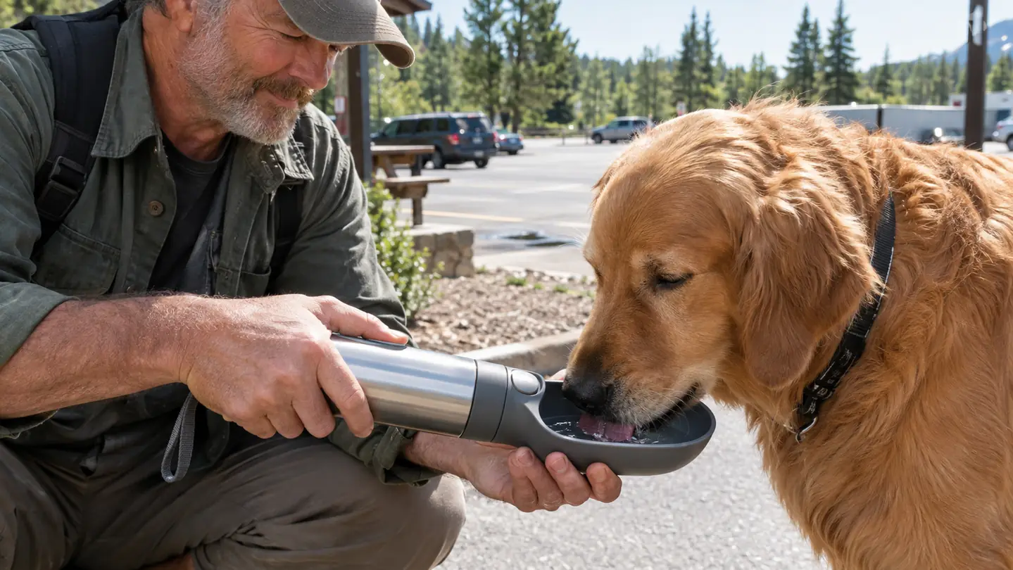 A hand holding a stainless steel dog water bottle and pressing the button so water fills the attached bowl while a dog drinks at a roadside rest area