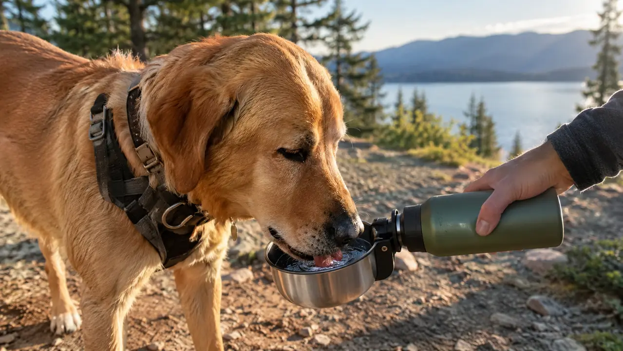 A dog drinking from a stainless steel bowl attached to a water bottle at a trailhead, with a lake and pine trees behind