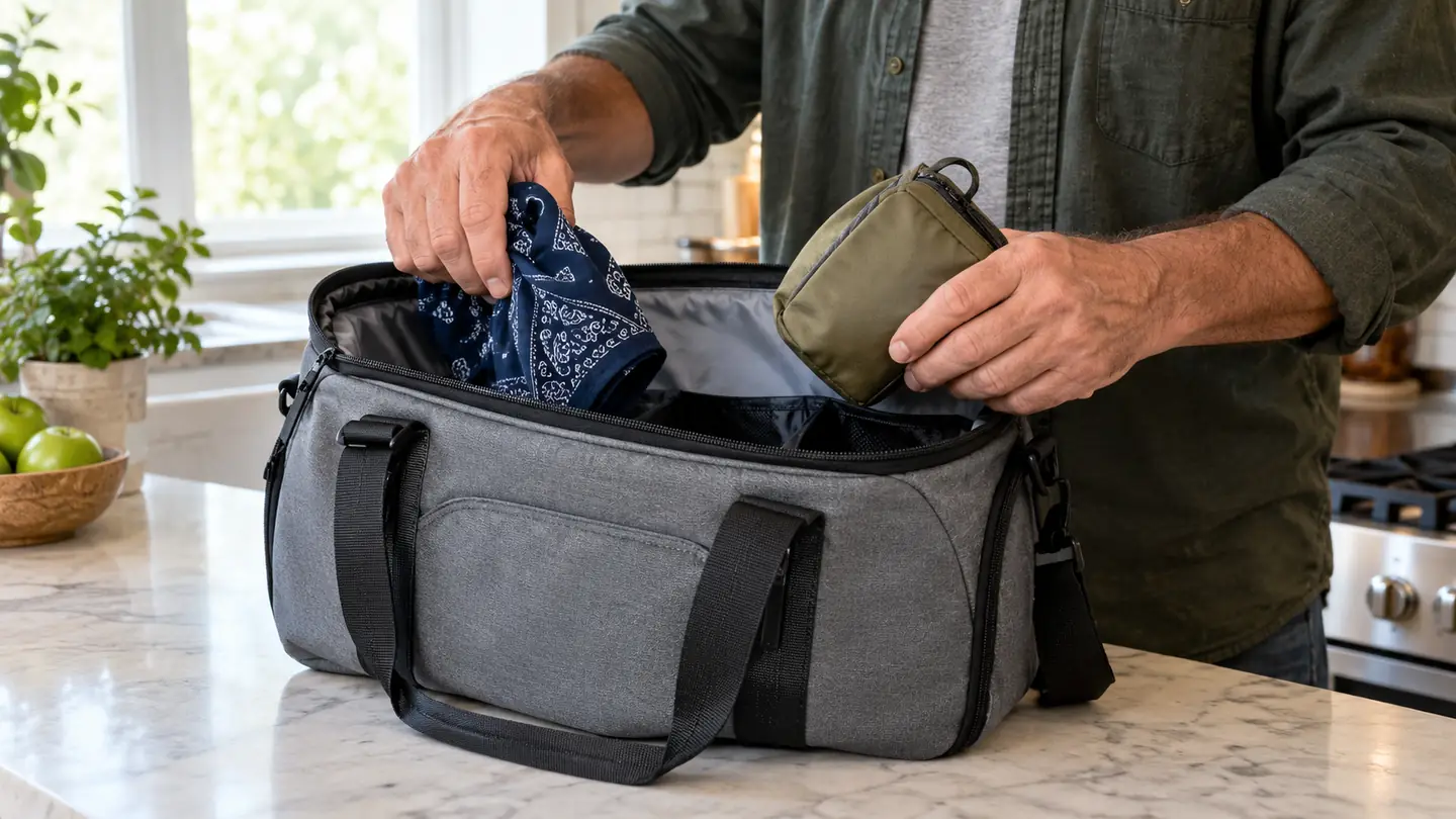 A hand placing a folded bandana and a small pouch into the open compartments of a travel bag on a kitchen counter
