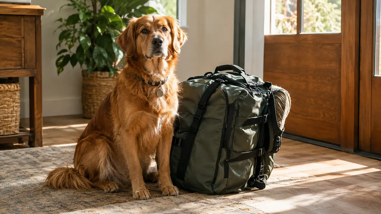 A dog waiting patiently beside a packed travel bag by the front door of a house