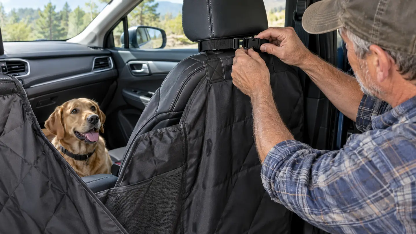 hands fastening a strap of a car seat cover around a headrest in the back seat