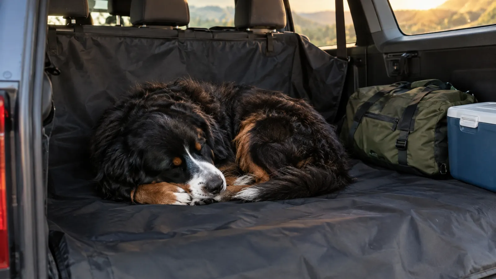the dog curled up asleep on the car seat cover with a duffel bag and a small cooler nearby