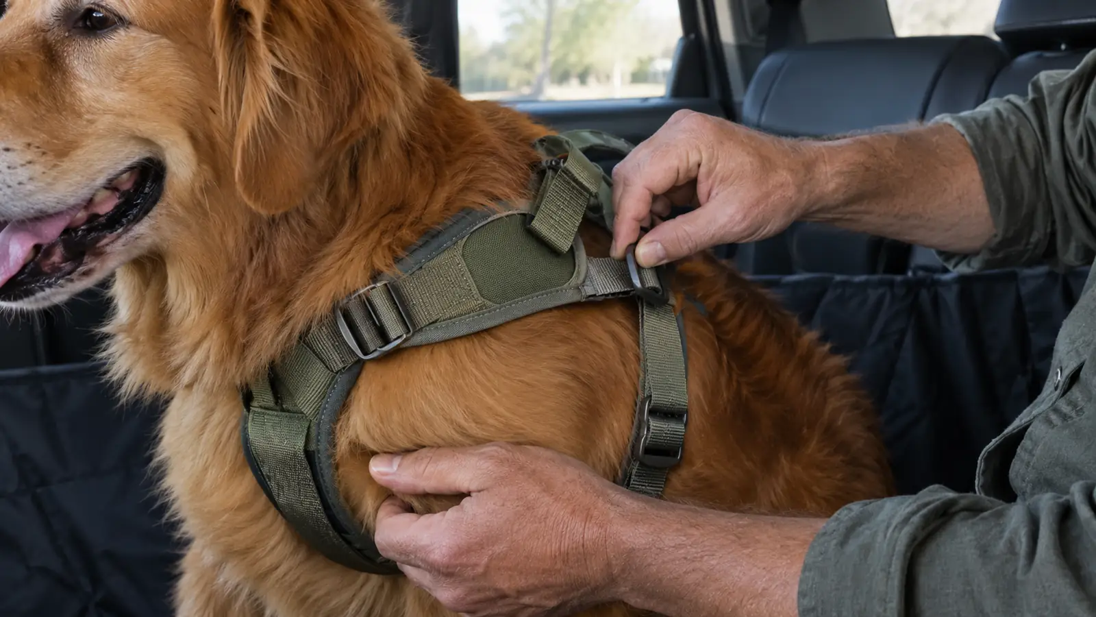 A hand adjusting the padded chest strap of a dog harness on a large dog in the back seat of a car