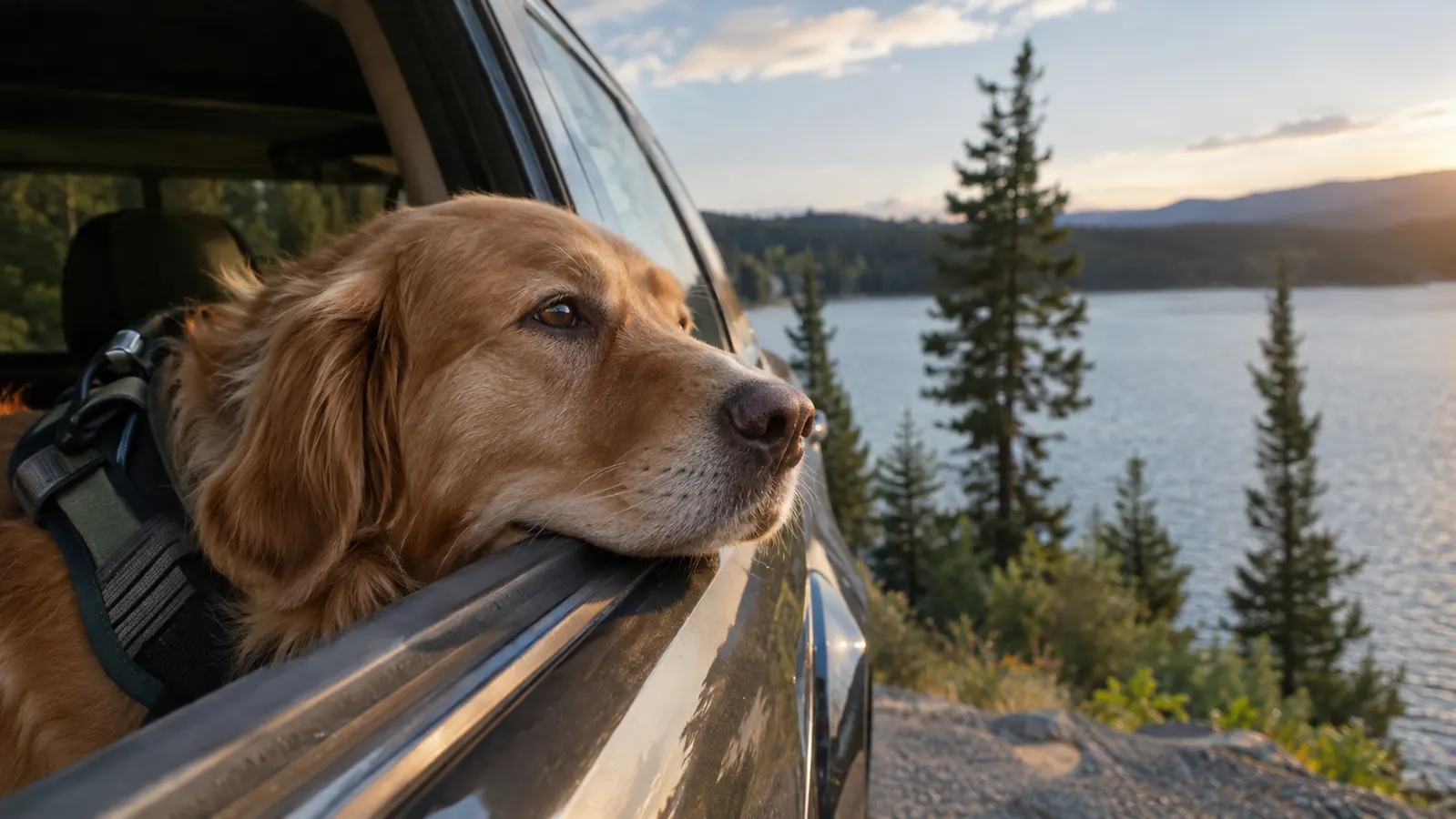 A dog resting its head on the edge of a car window, wearing a harness, with a lake and pine trees in the background