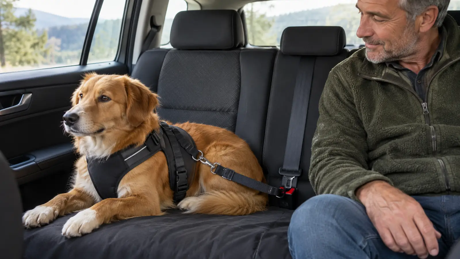 A large dog wearing a padded travel harness in the back seat of a station wagon, with the seat belt threaded through the harness