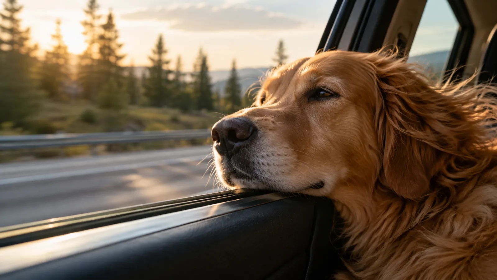A calm dog resting its head near a partially open car window during a long drive, trees blurred in the background