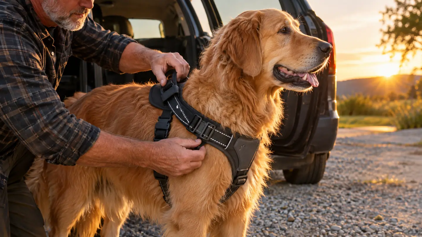 A person's hand adjusting a padded harness strap on a large dog standing on a gravel driveway beside a station wagon