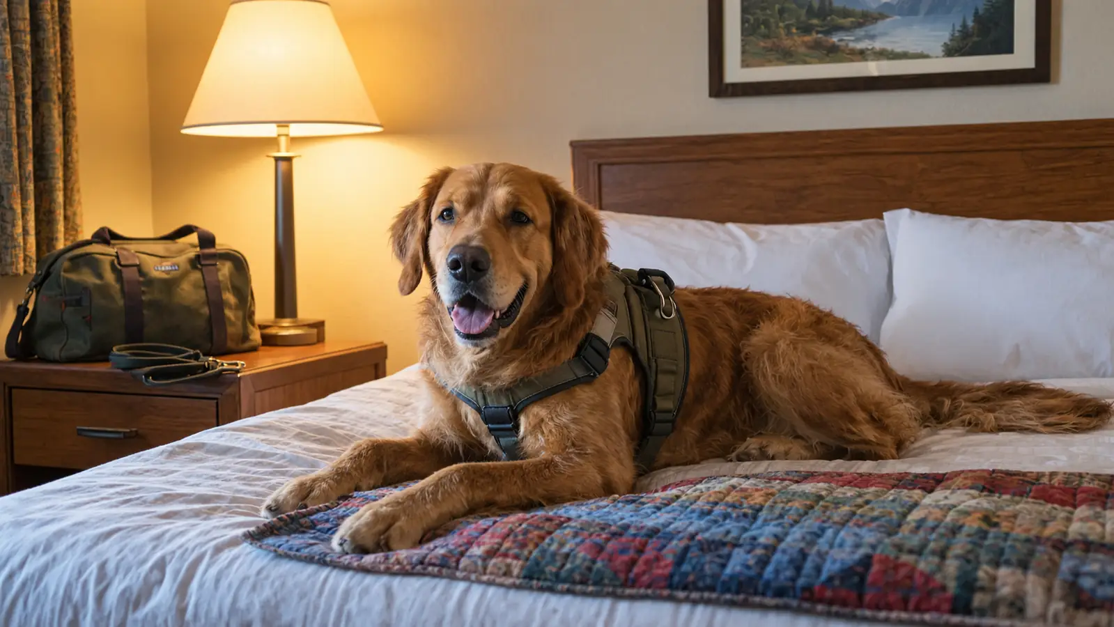 A large dog in a padded harness resting on a motel bed with a leash and travel bag on the nightstand