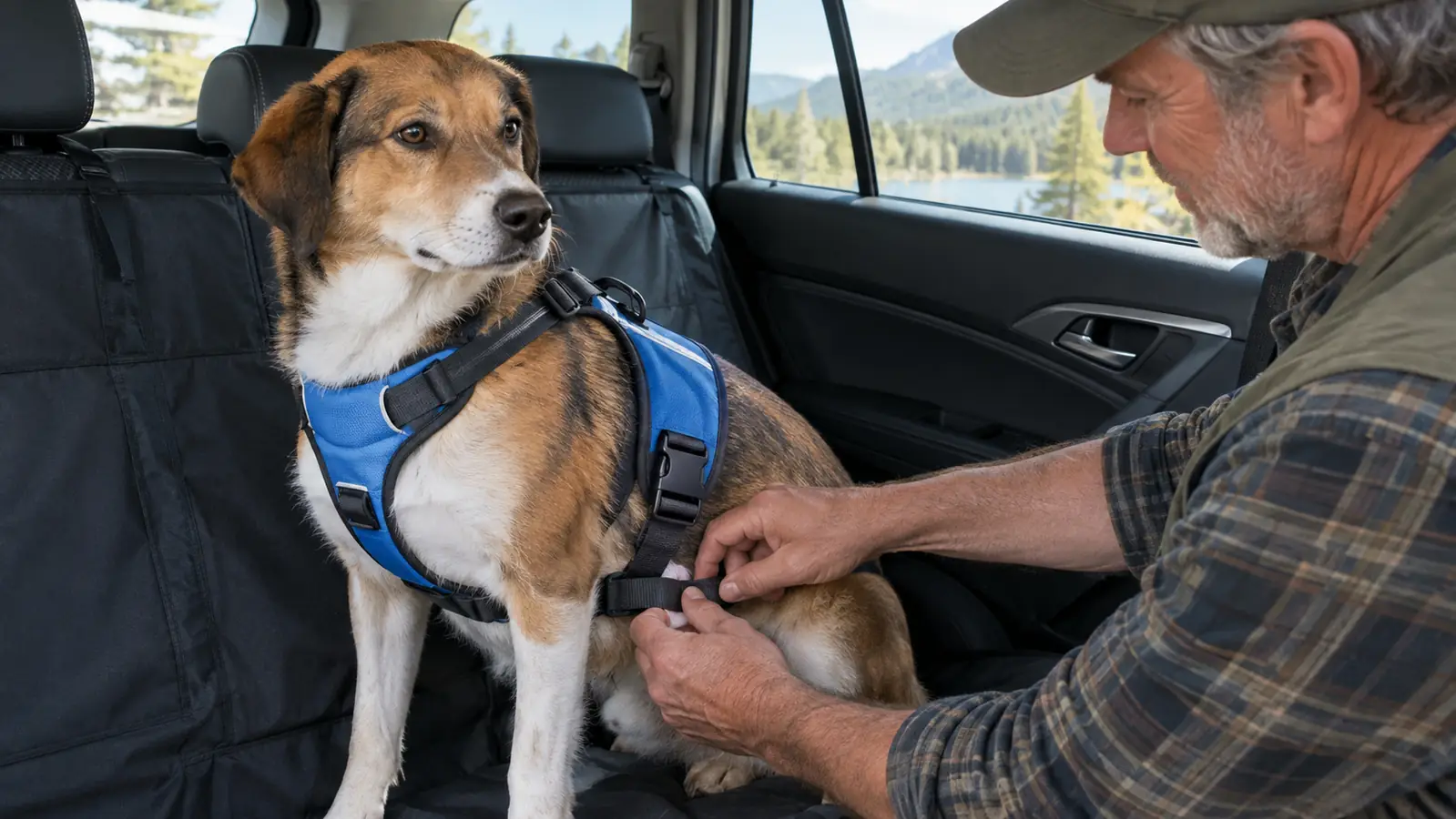 A hand adjusting a strap on a padded harness worn by a medium-sized dog sitting calmly in the back seat of a station wagon