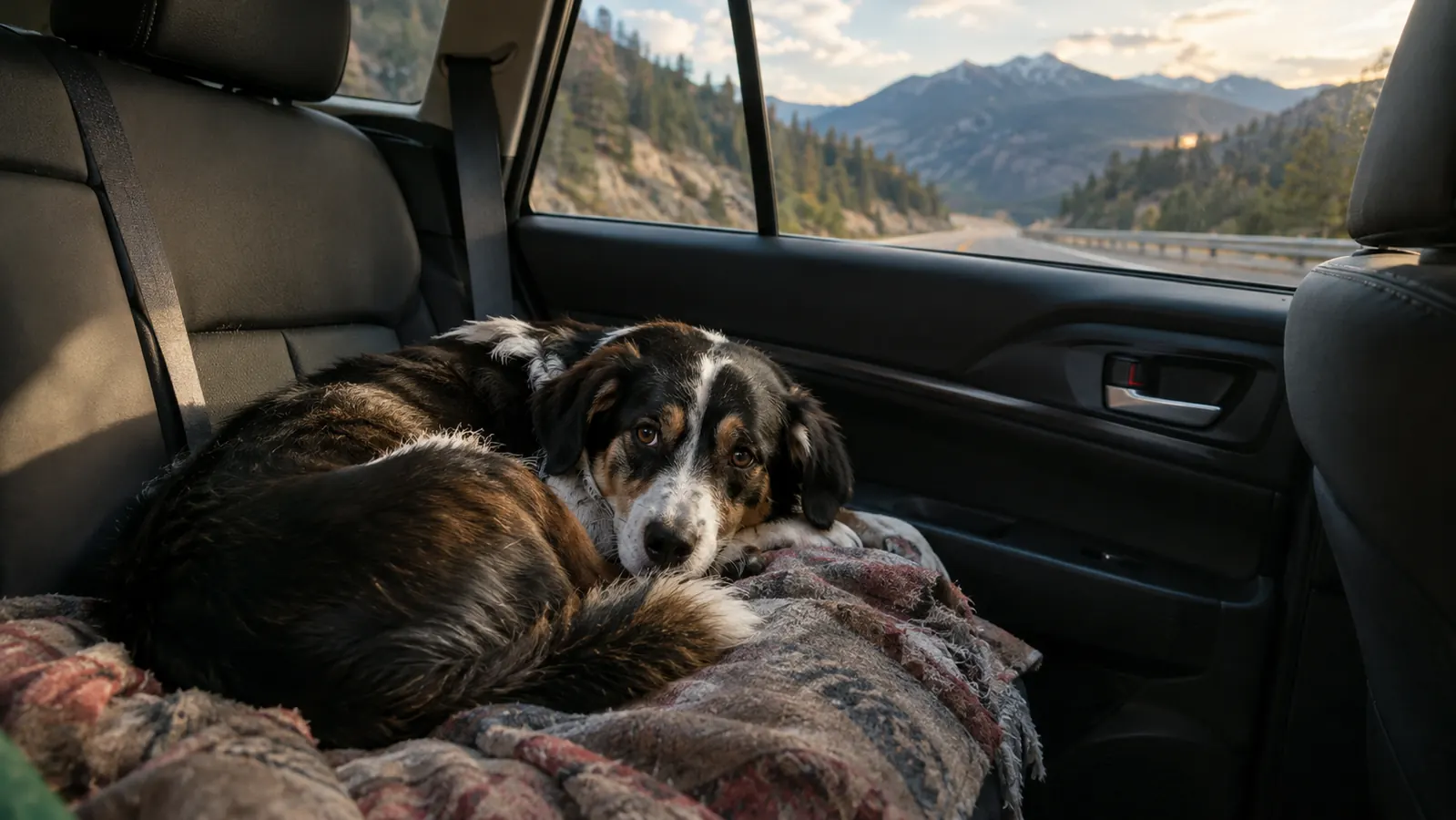 A medium-sized dog curled on a worn blanket in the back seat of a station wagon, mountains visible through the window