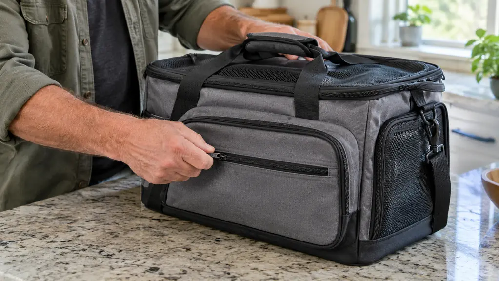 A hand zipping a pocket on a dog travel bag on a kitchen counter