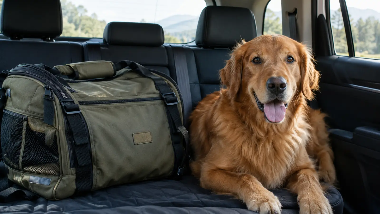 A dog travel bag packed and sitting on the back seat of a car next to a dog