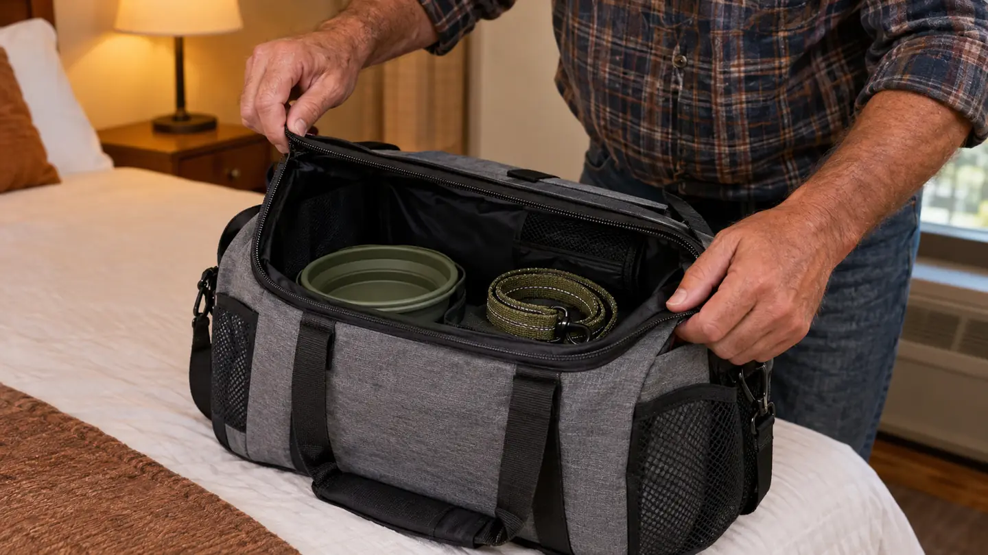 A hand unzipping the main compartment of a dog travel bag on a motel bed, with a collapsible bowl and a rolled leash visible inside