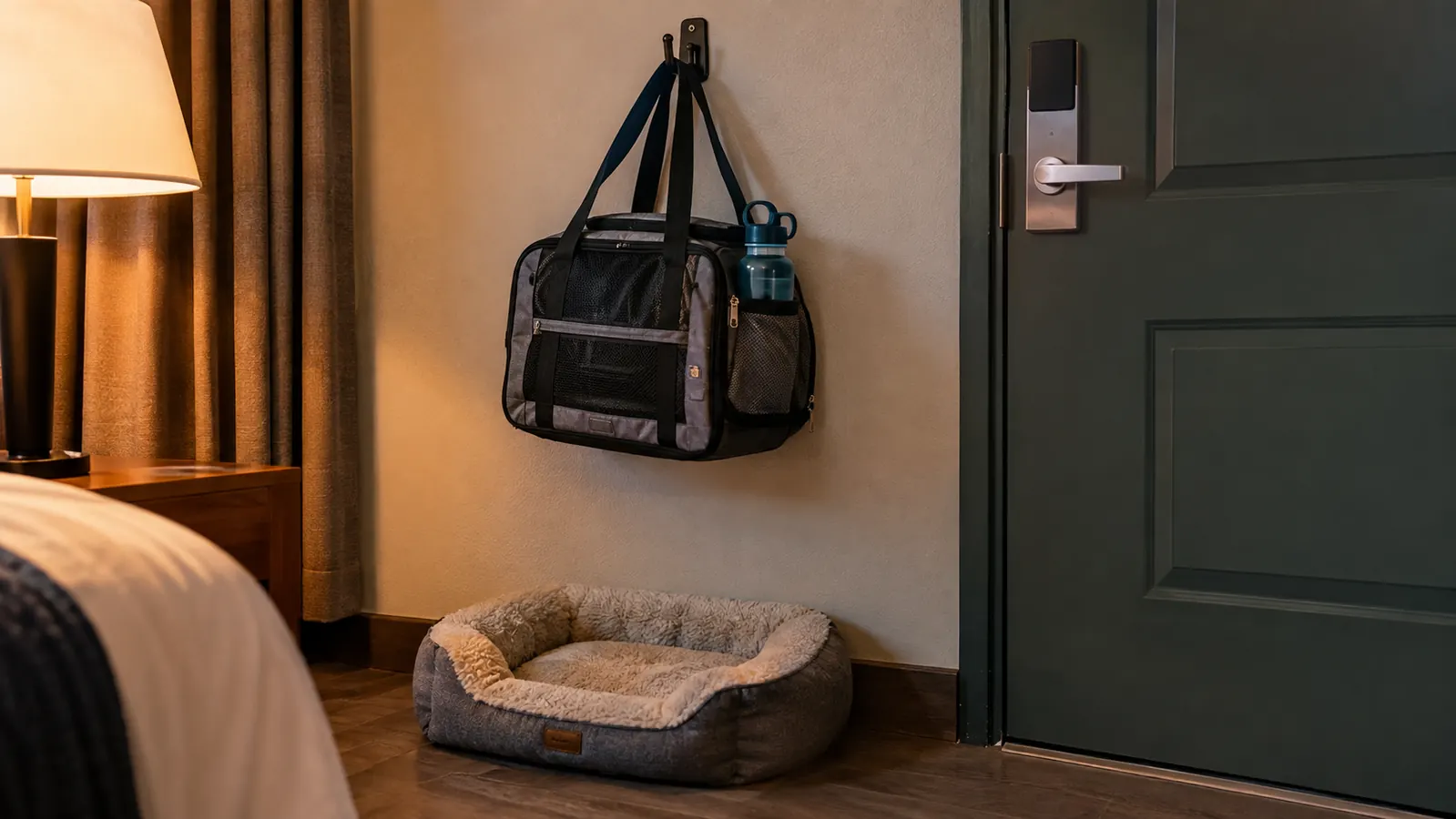 A dog travel bag hanging from a hook beside a motel door, with a water bottle in the side pocket and a dog bed on the floor below