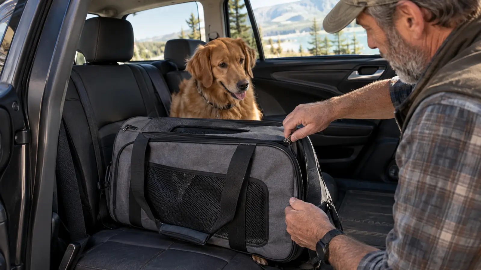 A hand unzipping a dog travel bag on a car seat while a dog watches from the back seat