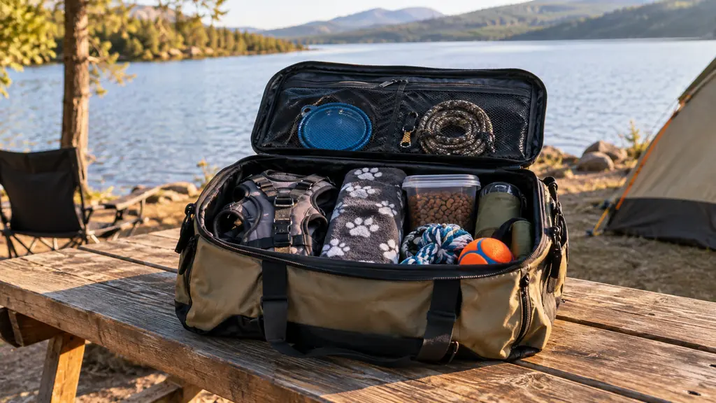A dog travel bag open on a picnic table with food pouches, a collapsible bowl, and a rolled leash laid out in sections