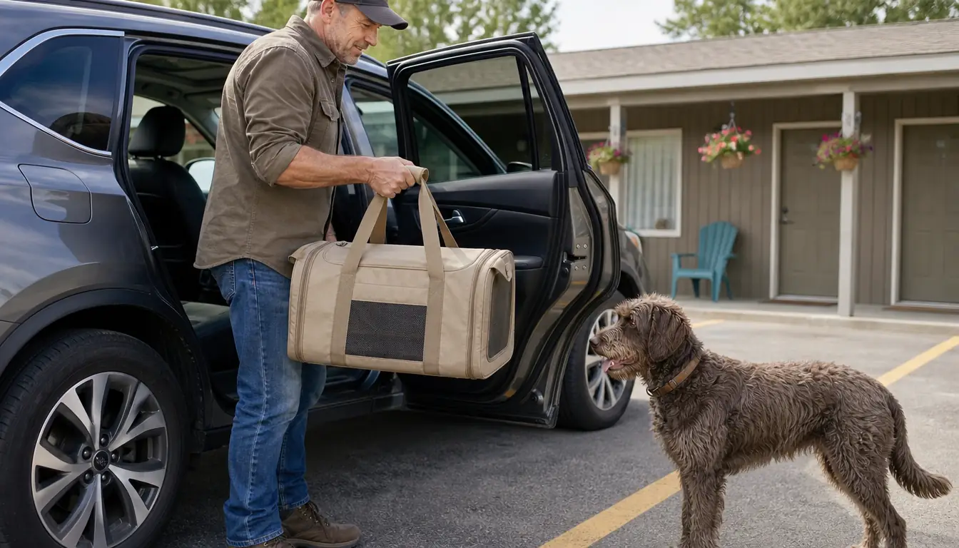 A hand lifting the PetAmi travel tote by its handles from the passenger seat of a car while a dog waits by the open door