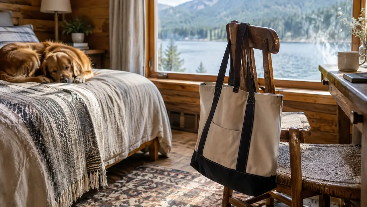The travel tote hanging from the back of a wooden chair at a lake cabin while a dog curls up on the bed nearby in morning light