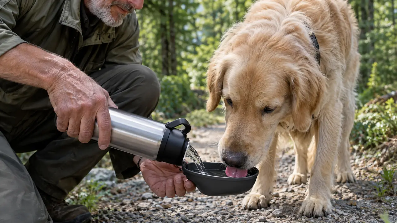 A hand holding a stainless steel dog water bottle while a dog drinks from the attached bowl