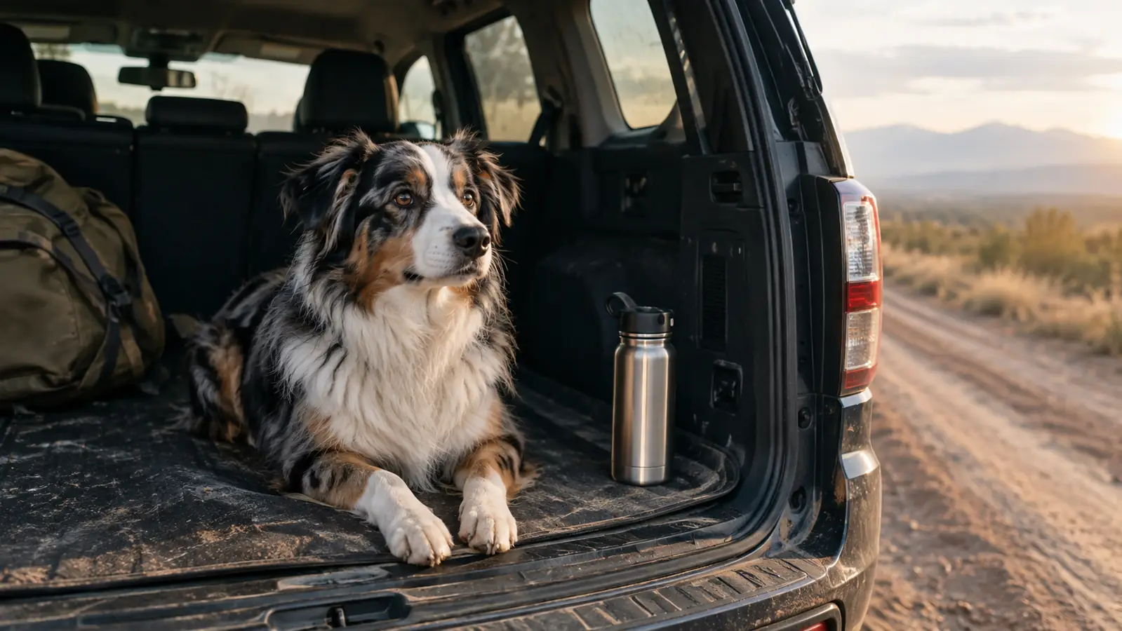A dog sitting on the cargo mat of a Subaru Outback beside a stainless steel water bottle after a long drive