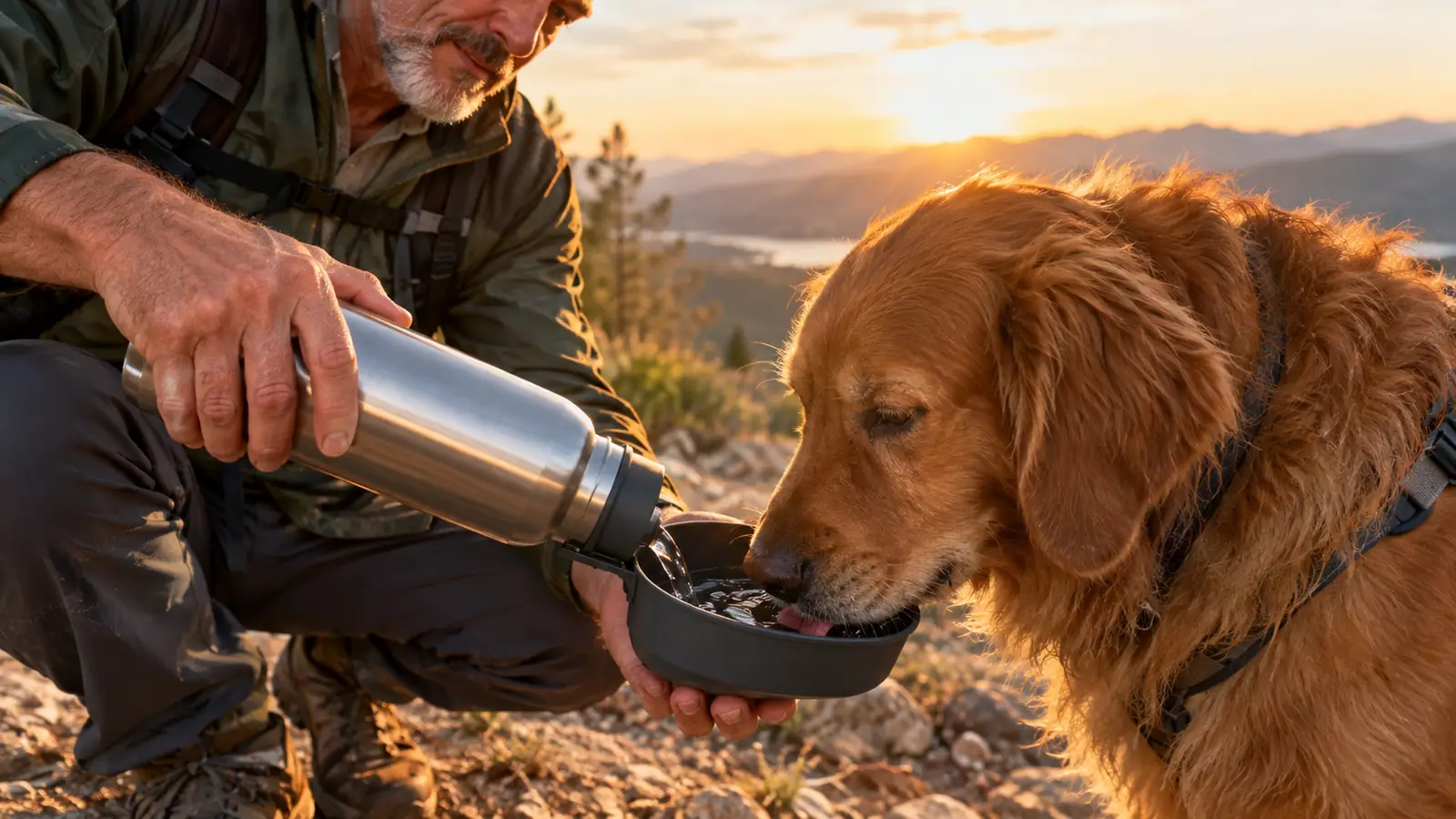 A hand holding a stainless steel dog water bottle and tilting it while a large dog drinks from the attached bowl