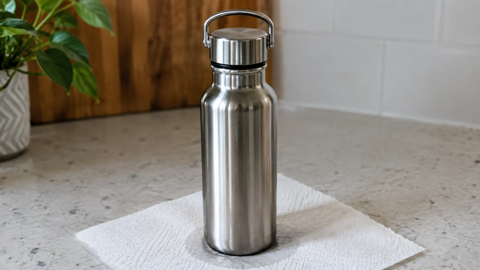 A stainless steel dog water bottle standing upright on a dry paper towel with a small damp ring beneath it