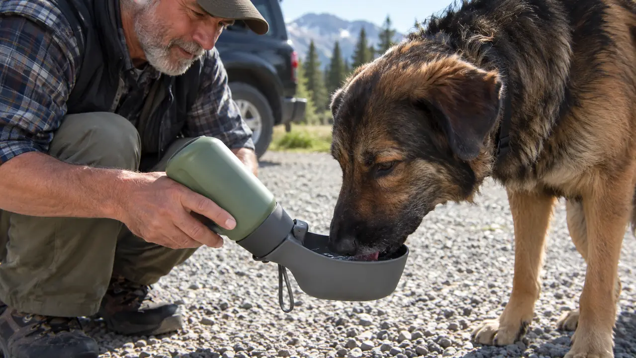 A hand holding a stainless steel dog water bottle and tilting it while a large dog drinks from the attached bowl on a gravel parking lot
