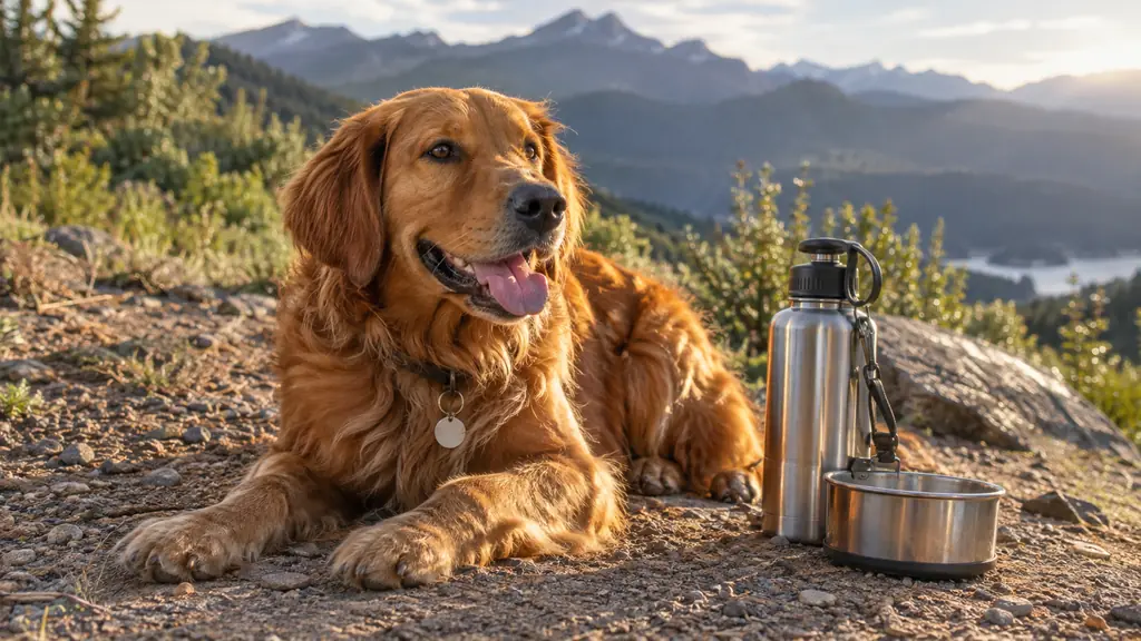 A large dog resting on the ground beside a stainless steel water bottle with an attached bowl, at a trailhead in late afternoon light