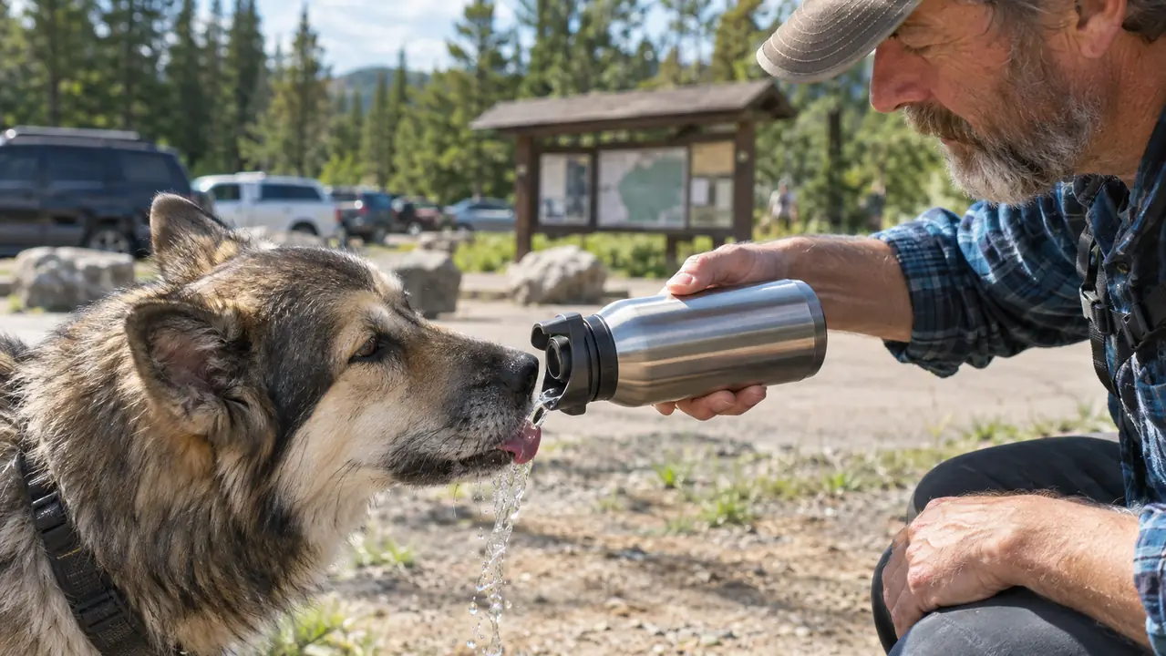 A large dog drinking from the stream of a stainless steel travel water bottle held at a trailhead