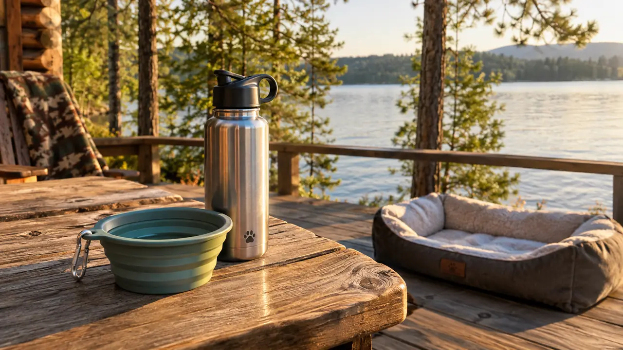 A collapsible silicone bowl and a stainless steel travel water bottle on a wooden picnic table beside a lakeside cabin