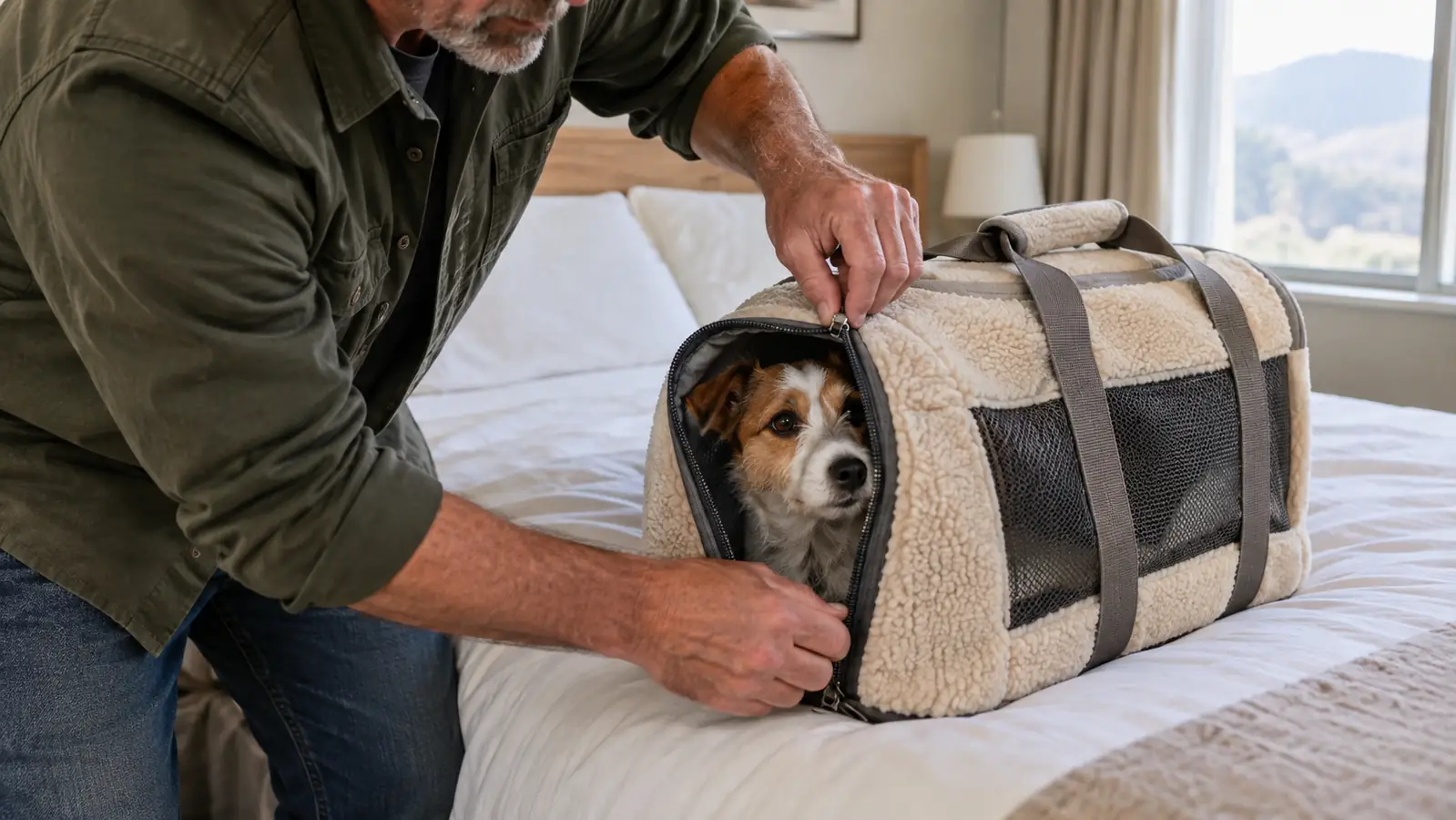 A person's hand zipping a small dog into a soft-sided pet carrier on a bed in a hotel room