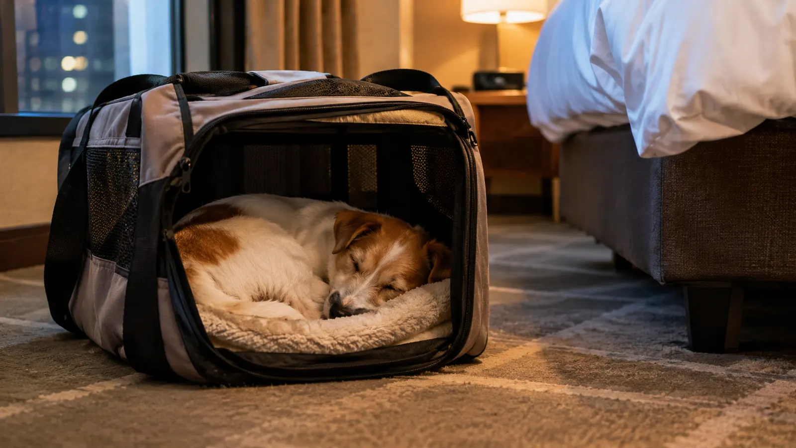 A small dog asleep inside a soft-sided pet carrier on the floor of a hotel room
