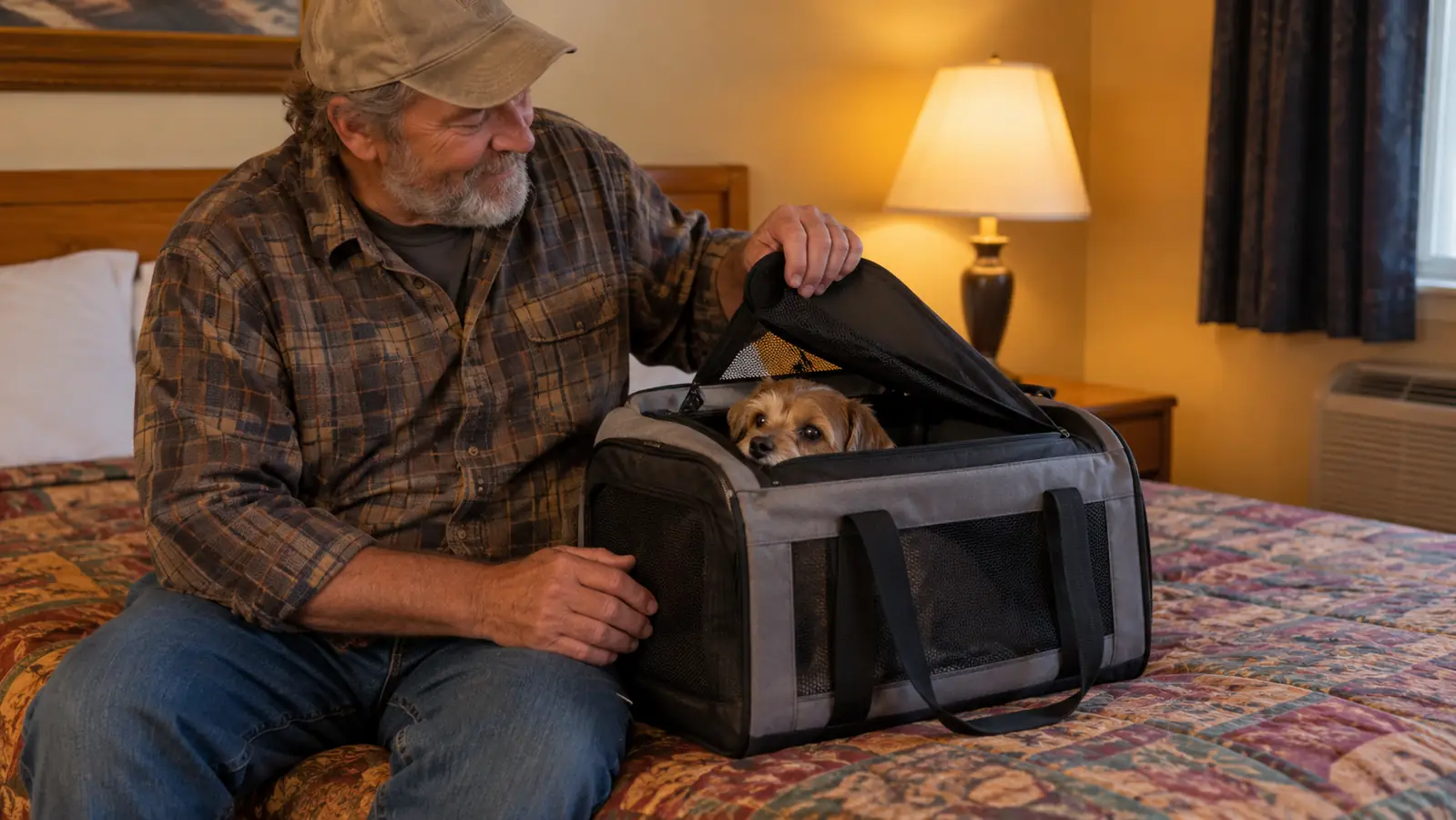 A small dog peeking out of an open soft-sided carrier on a motel bed