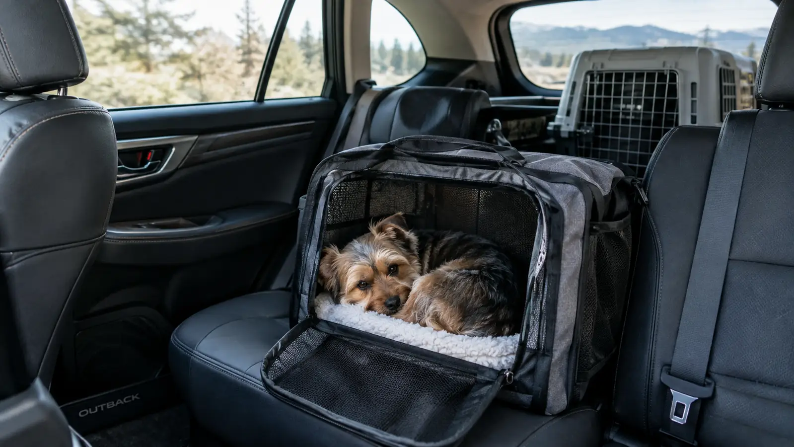 A dog settled into a soft-sided carrier on a car seat while a hard plastic crate waits in the background