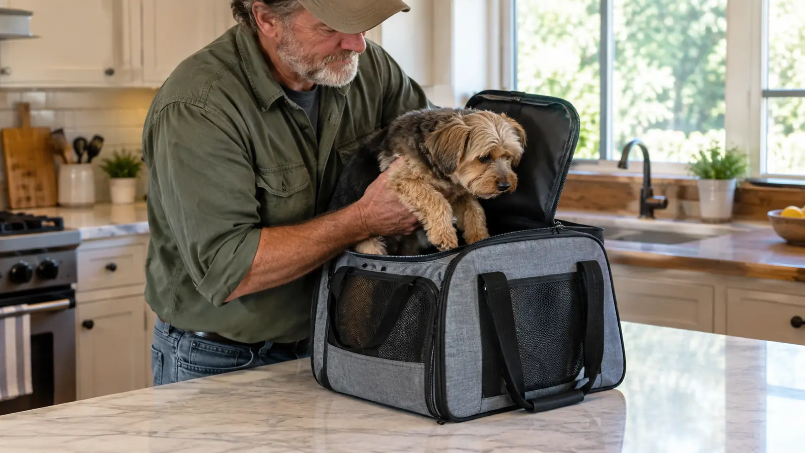 A person placing a small dog into a soft-sided carrier on a kitchen counter, the top zipper open